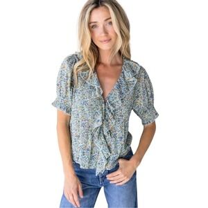 Natural Life Top Womens Medium Floral Ruffle Peter Pan Collar Puff Sleeve Blouse